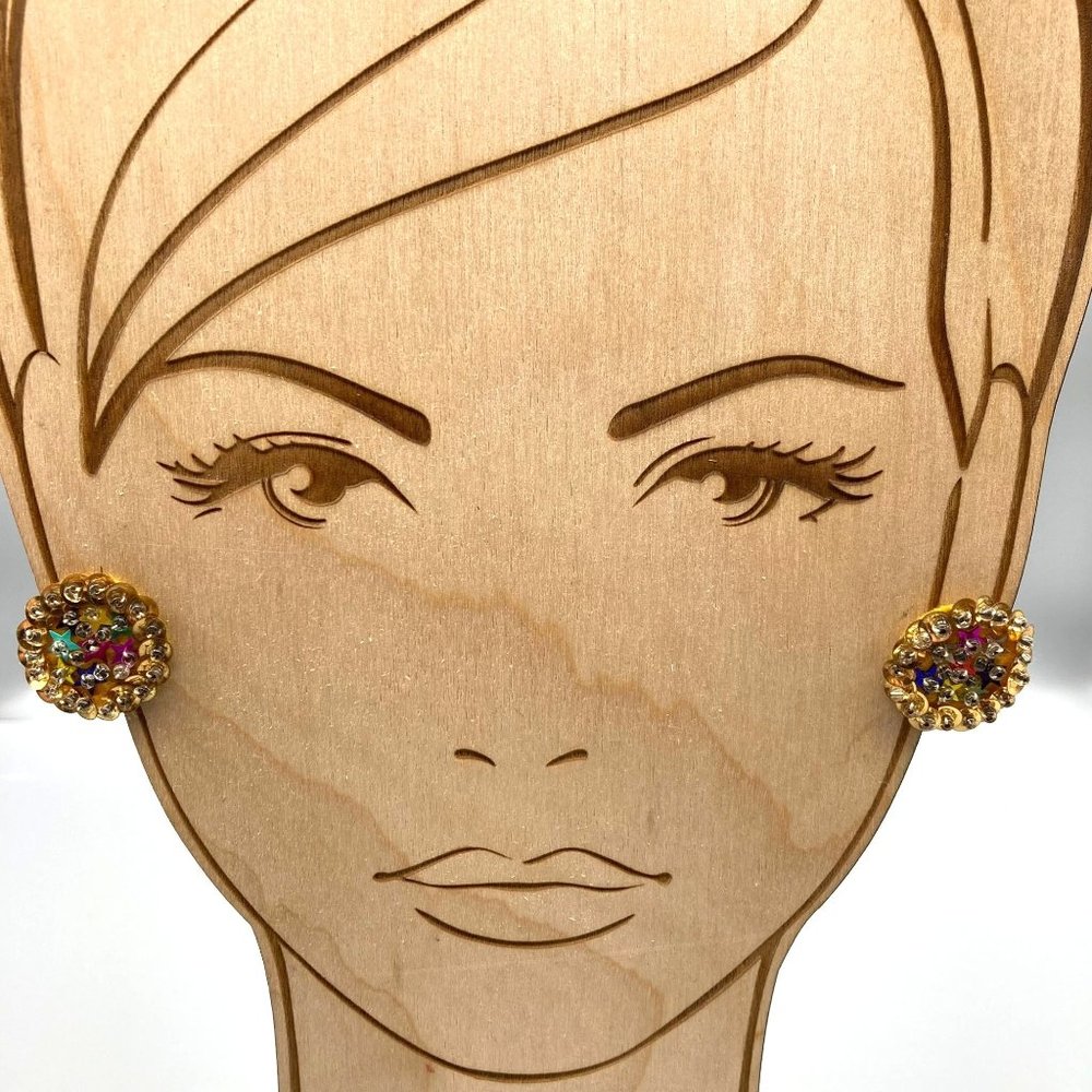 VIntage Sequin Circle Earrings, Golden Screw Back for Glizty Party Look